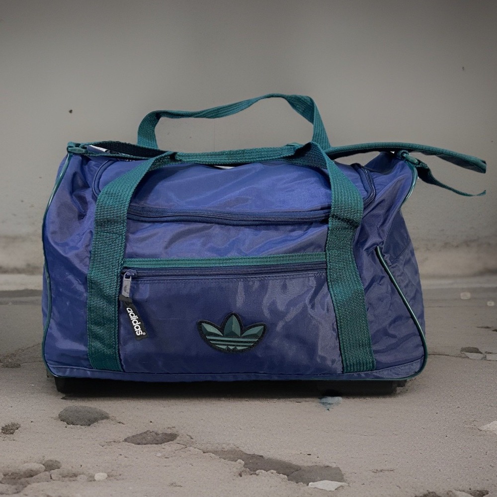 Vintage 80s 90s Adidas Trefoil Blue Green Nylon Duffel Gym Bag 19" With Strap
